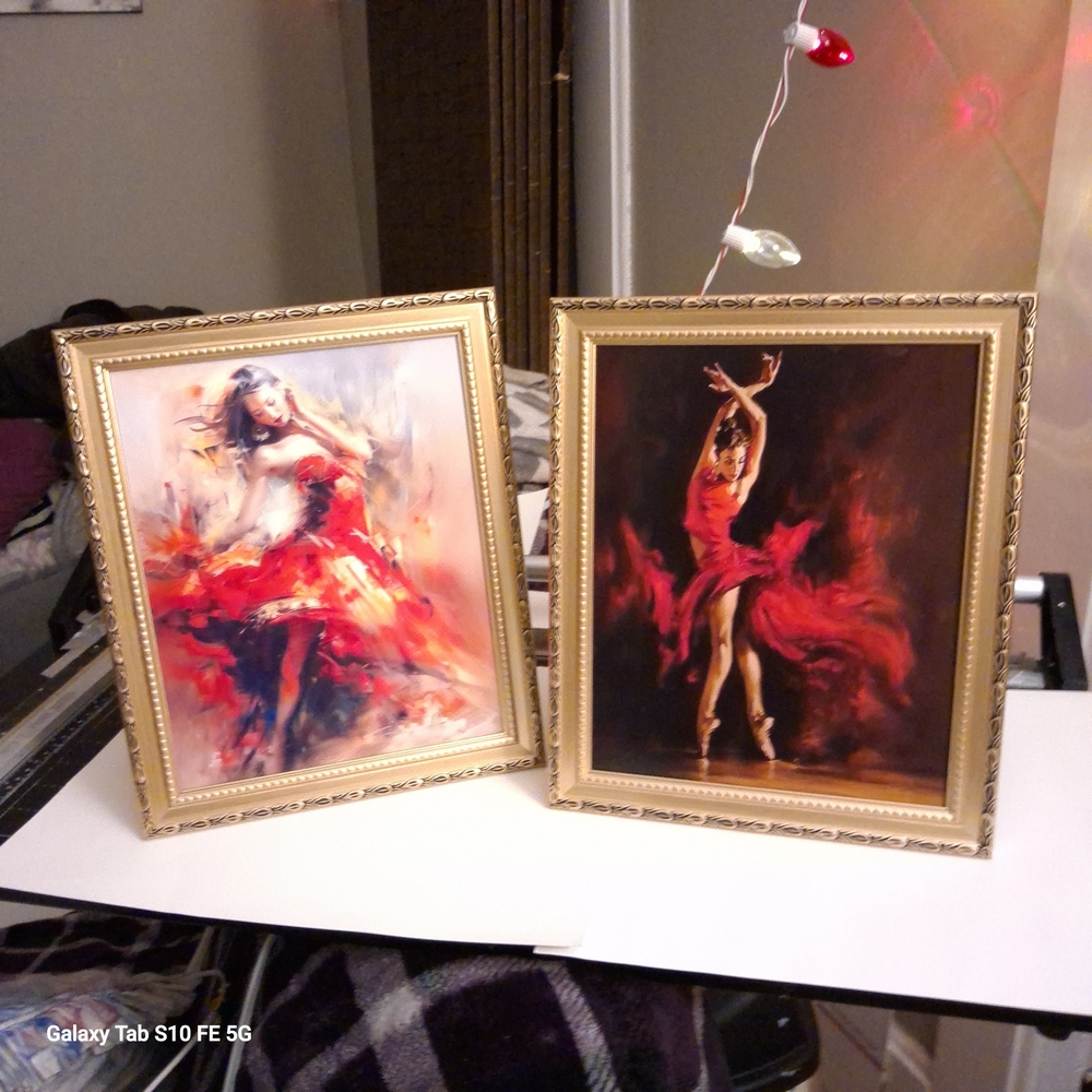 Vibrant Red Dancer Art Prints in Gold Frames
